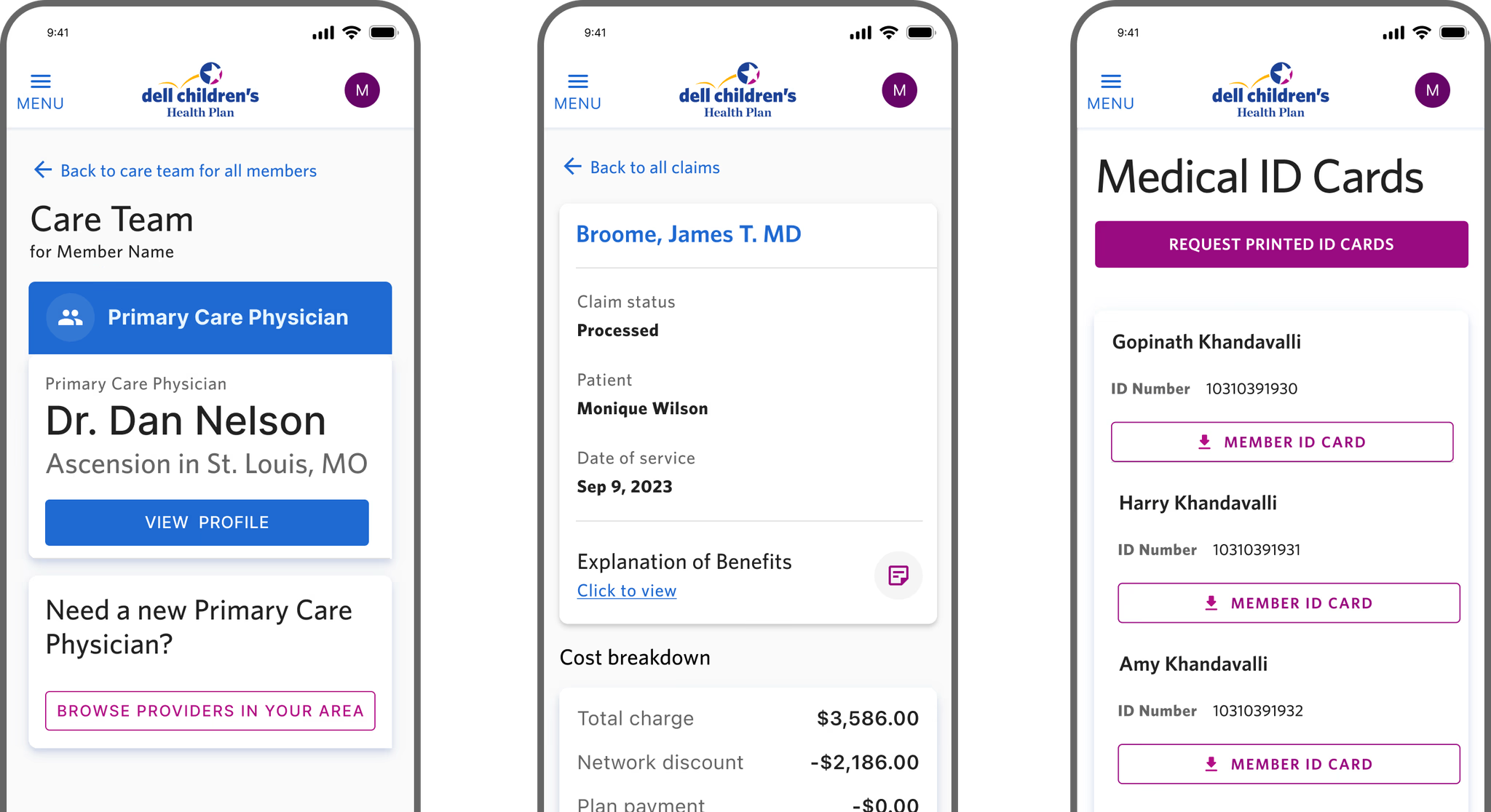 Dell Children's Health Plan portal screens