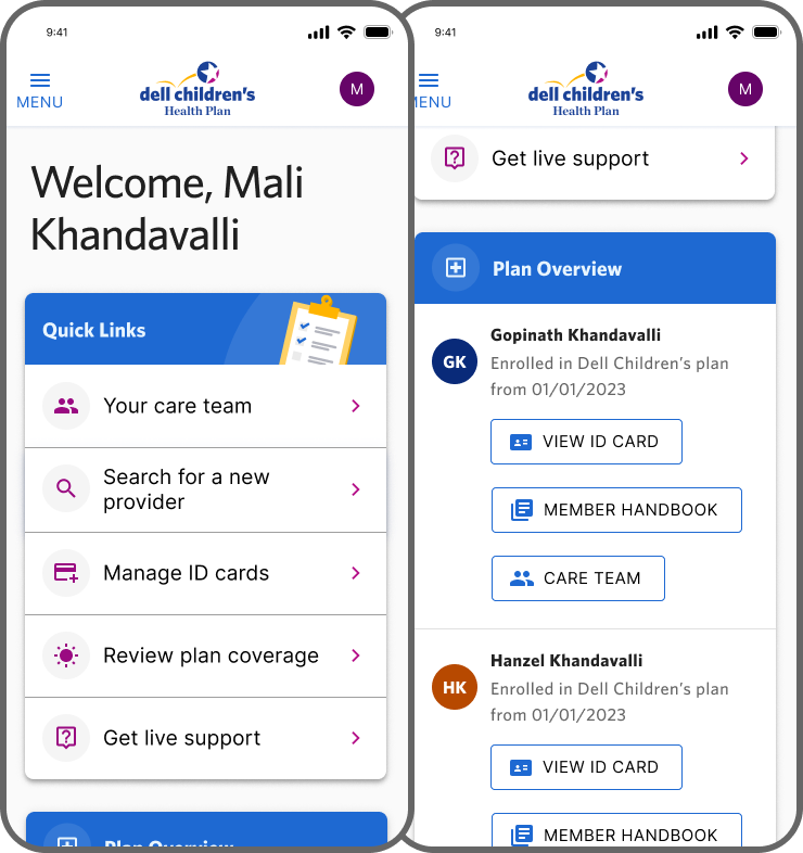 Dell Children's portal home screen on mobile